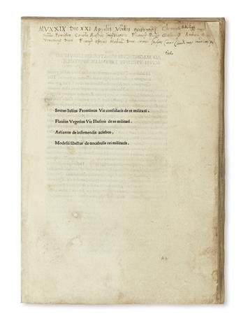 INCUNABULA  VEGETIUS RENATUS, FLAVIUS; et al. Scriptores rei militaris.  1495-96